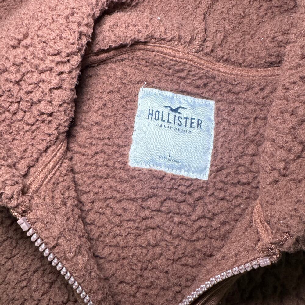 Hollister Brown Sherpa Fleece Full Zip Hoodie Jacket Size L Y2K Teddy Cozy